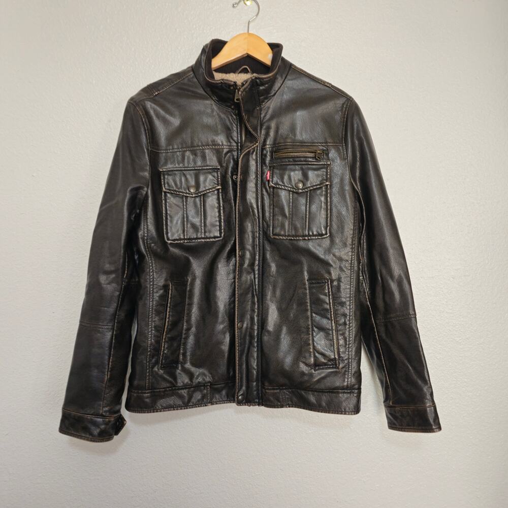 Vintage Levi's Men's Brown Distressed Faux Leather Sherpa Lined Warm Jacket M